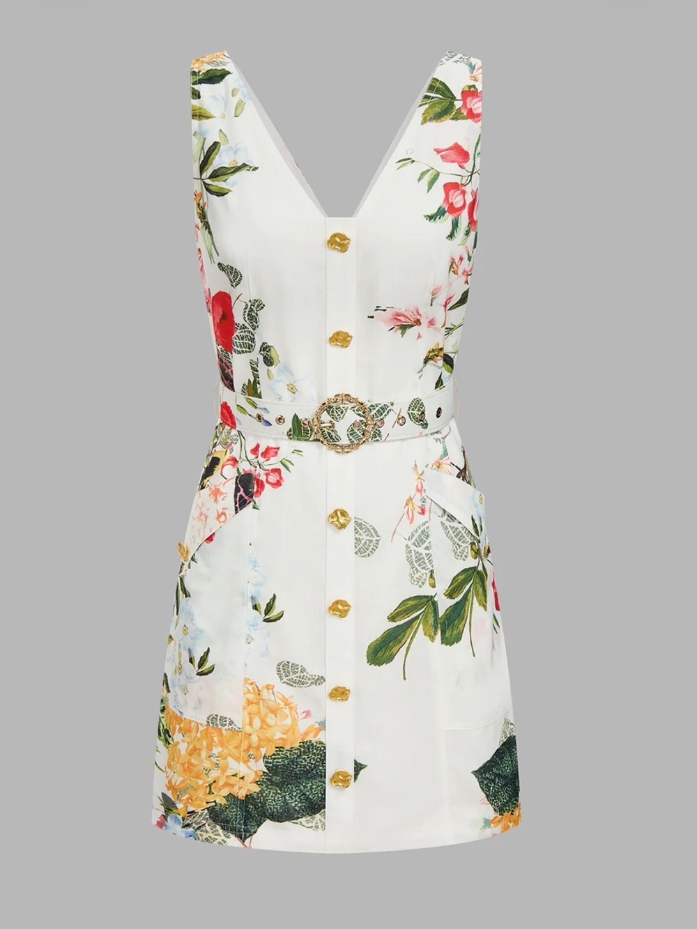 Commense White Floral V-Neck Mini Dress with Gold Accents